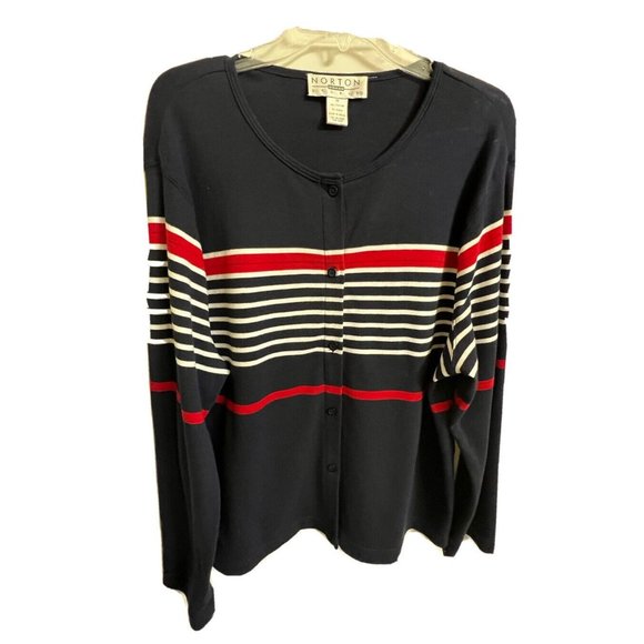 Norton Studio Women Cotton Sweater Cardigan Size 1X  Red Black Stripe - Picture 4 of 9